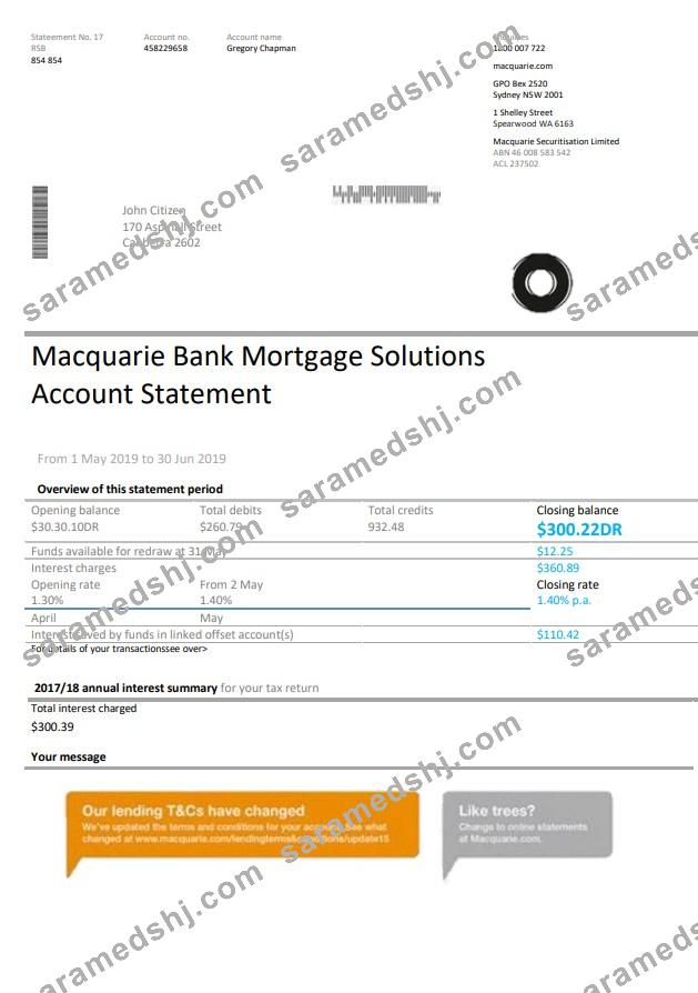 Australia Macquaire proof of address bank statement template in Word and PDF format (.doc and .pdf)